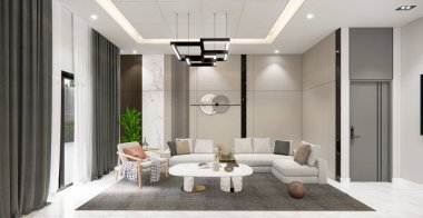 Lüks bir oturma odası iç dekorasyonu, kahverengi ve bej renkli modern kanepe, siyah mermer duvar, tahta ve kitaplık. 3d oluşturma.