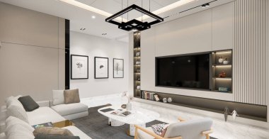 Lüks bir oturma odası iç dekorasyonu, kahverengi ve bej renkli modern kanepe, siyah mermer duvar, tahta ve kitaplık. 3d oluşturma.