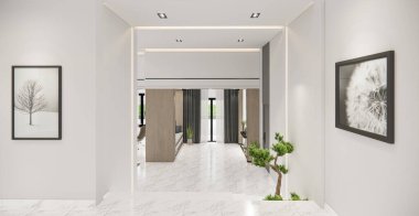 Plant 'la birlikte beyaz oturma odası, dekorasyonlu raf. Merdiven ve kopyalama boşluğu boş beyaz duvar, 3B görüntüleme