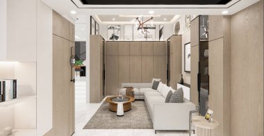 3 boyutlu modern oturma odası, beyaz kanepe ve ahşap masa, inşa edilmiş duvar şöminesi ve kabartmalı paneller, mermer zeminde halı..