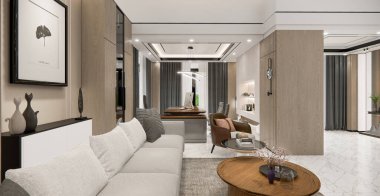 3 boyutlu modern oturma odası, beyaz kanepe ve ahşap masa, inşa edilmiş duvar şöminesi ve kabartmalı paneller, mermer zeminde halı..