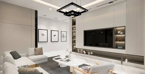 Lüks bir oturma odası iç dekorasyonu, kahverengi ve bej renkli modern kanepe, siyah mermer duvar, tahta ve kitaplık. 3d oluşturma.