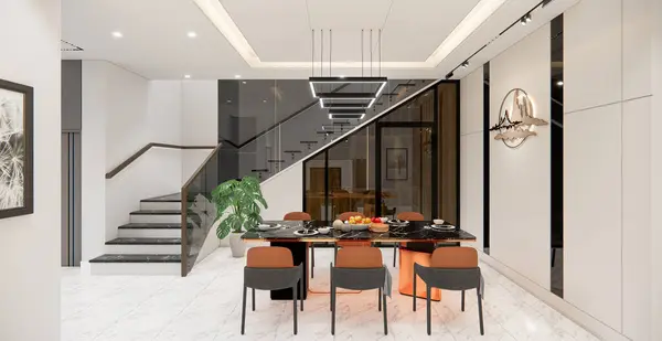 Modern lüks yemek odasında 3D yemek takımı