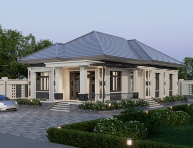 Tayland tarzı modern bir ev, 3 boyutlu dekorasyon ve doğal manzara ile park edilmiş.