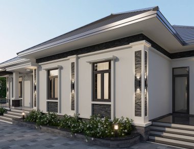 Tayland tarzı modern bir ev, 3 boyutlu dekorasyon ve doğal manzara ile park edilmiş.