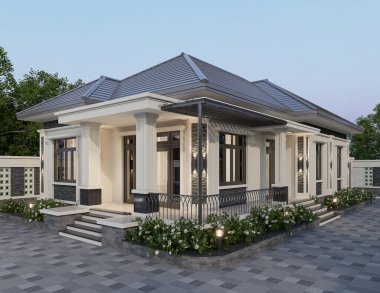 Tayland tarzı modern bir ev, 3 boyutlu dekorasyon ve doğal manzara ile park edilmiş.