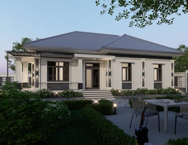 Tayland tarzı modern bir ev, 3 boyutlu dekorasyon ve doğal manzara ile park edilmiş.