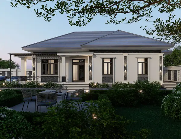 Tayland tarzı modern bir ev, 3 boyutlu dekorasyon ve doğal manzara ile park edilmiş.