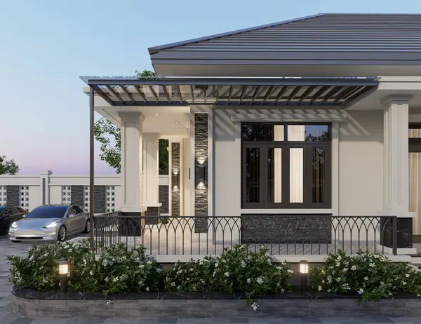 Tayland tarzı modern bir ev, 3 boyutlu dekorasyon ve doğal manzara ile park edilmiş.