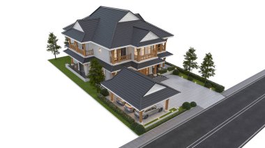 3D Render Modern Thai House 2 katlı, park yeri ve bahçesi var..