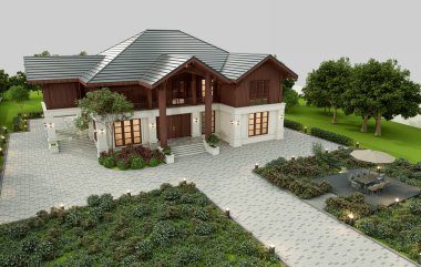 3D Render Modern Thai House 2 katlı, park yeri ve bahçesi var..