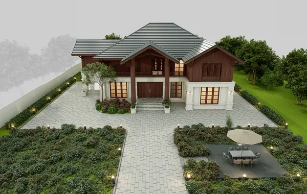 3D Render Modern Thai House 2 katlı, park yeri ve bahçesi var..