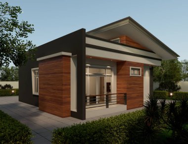 3D Mimarlık 1 katlı küçük bir ev, yaşamak için güzel, basit tasarım, modern tropikal ev, park yeri ve bahçe ile güzel..