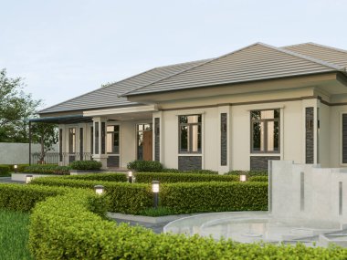 3D görüntüleme. Tayland tarzı, park yeri ve doğal manzaralı çağdaş bir ev..