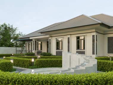 3D görüntüleme. Tayland tarzı, park yeri ve doğal manzaralı çağdaş bir ev..