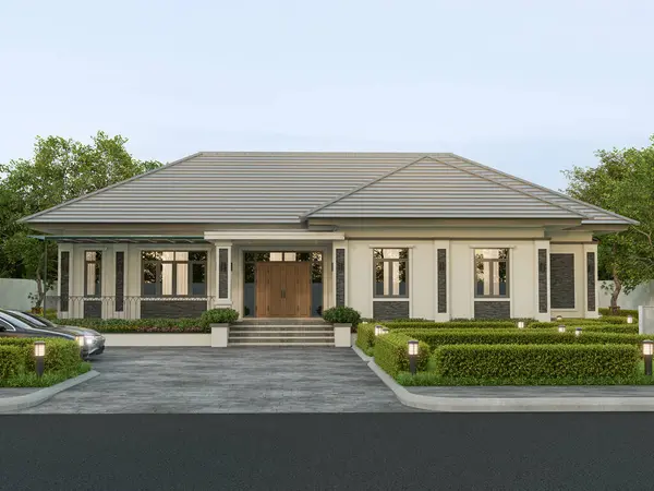 3D görüntüleme. Tayland tarzı, park yeri ve doğal manzaralı çağdaş bir ev..