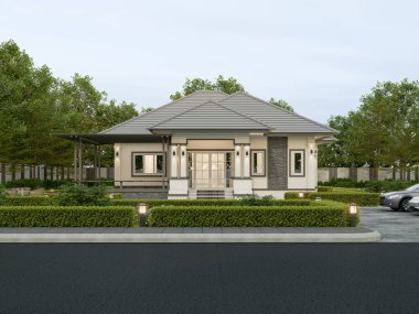 3D görüntüleme. Tayland tarzı, park yeri ve doğal manzaralı çağdaş bir ev..