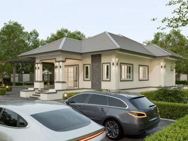 3D görüntüleme. Tayland tarzı, park yeri ve doğal manzaralı çağdaş bir ev..