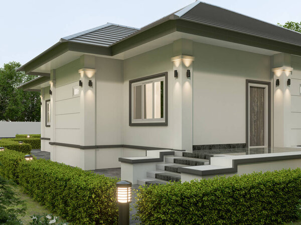 3D рендеринг Одноэтажный современный дом в тайском стиле с парковкой и природными пейзажами.