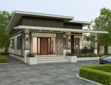 Çimen çimenli, modern ev dış aydınlığı. 3D görüntüleme..