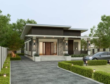 Çimen çimenli, modern ev dış aydınlığı. 3D görüntüleme..