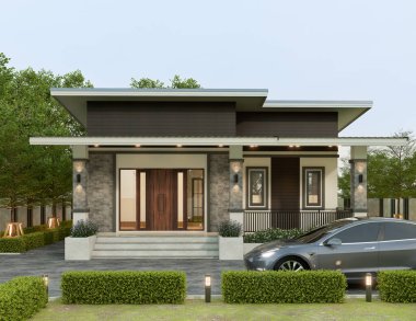 Çimen çimenli, modern ev dış aydınlığı. 3D görüntüleme..