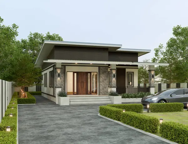 Çimen çimenli, modern ev dış aydınlığı. 3D görüntüleme..