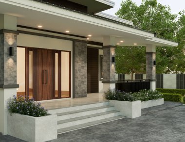 Çimen çimenli, modern ev dış aydınlığı. 3D görüntüleme..