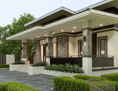 Çimen çimenli, modern ev dış aydınlığı. 3D görüntüleme..