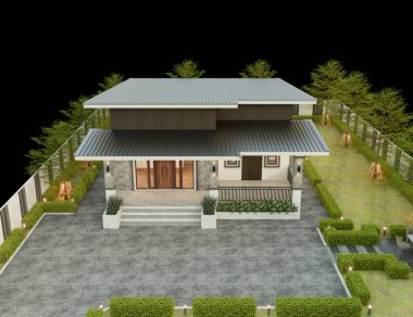 Çimen çimenli, modern ev dış aydınlığı. 3D görüntüleme..