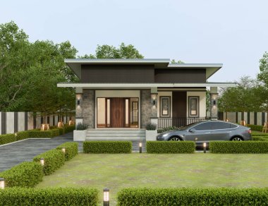 Çimen çimenli, modern ev dış aydınlığı. 3D görüntüleme..