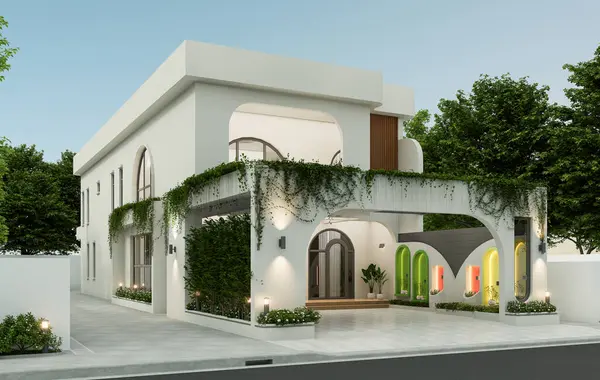 Mimari 3D, doğal manzarası ve park yeri olan minimal modern evin tasviri.