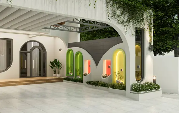 Mimari 3D, doğal manzarası ve park yeri olan minimal modern evin tasviri.