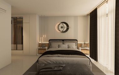 İç Yatak Odası Duvar Modeli - 3D Görüntü, 3D Görüntü. Aydınlık, şirin ve rahat yatak odasının içi dağınık, gri ve siyah yastıklı, ayrıca boş beyaz duvar arkaplanı. 3 Boyutlu Hazırlama