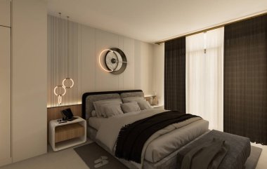 İç Yatak Odası Duvar Modeli - 3D Görüntü, 3D Görüntü. Aydınlık, şirin ve rahat yatak odasının içi dağınık, gri ve siyah yastıklı, ayrıca boş beyaz duvar arkaplanı. 3 Boyutlu Hazırlama