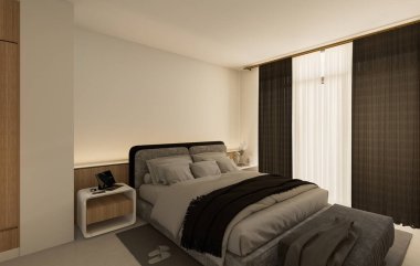 İç Yatak Odası Duvar Modeli - 3D Görüntü, 3D Görüntü. Aydınlık, şirin ve rahat yatak odasının içi dağınık, gri ve siyah yastıklı ayrıca boş beyaz duvar arkaplanı.. 