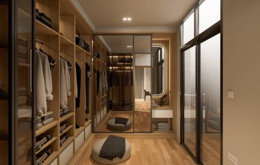 3D görüntüleme, 3D illüstrasyon, İç Sahne ve Mockup, soyunma odası ve modern tarzda dolap görüntüleme..