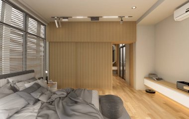 Ahşap duvarları, beton zemini, rahat kral yatağı, iki büfe masası ve dikey maketi olan şık yatak odasının 3 boyutlu hazırlama köşesi.. 