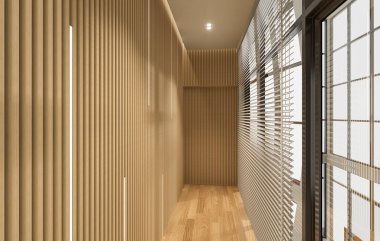 Ahşap duvarları, beton zemini, rahat kral yatağı, iki büfe masası ve dikey maketi olan şık yatak odasının 3 boyutlu hazırlama köşesi.. 