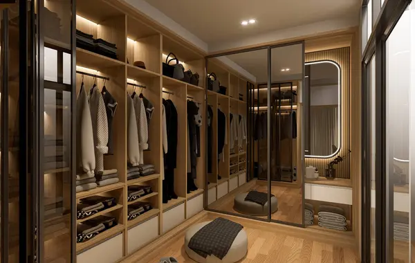 3D görüntüleme, 3D illüstrasyon, İç Sahne ve Mockup, soyunma odası ve modern tarzda dolap görüntüleme..