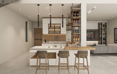 Modern ev, oturma odası, mutfak ve yemek alanının 3D görüntüsü.