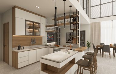 Modern ev, oturma odası, mutfak ve yemek alanının 3D görüntüsü.
