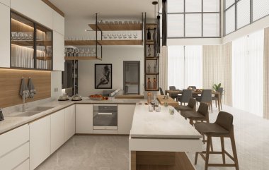 Modern ev, oturma odası, mutfak ve yemek alanının 3D görüntüsü.