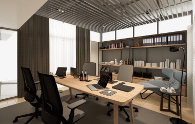 Masaları ve beyaz koltukları olan boş tuvali olan beyaz ve ahşap ofis odası. Kitaplıkları, ahşap duvarları ve zemini olan, 3 boyutlu bir iş odası aç..