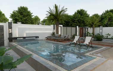 3D Rending Modern ev dış yüzme havuzu ve park alanı.