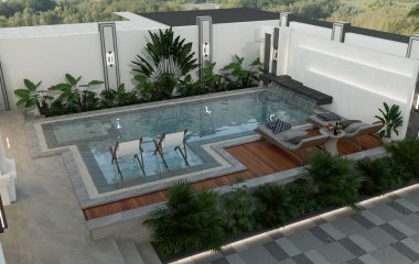 3D Rending Modern ev dış yüzme havuzu ve park alanı.