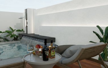 3D Rending Modern ev dış yüzme havuzu ve park alanı.