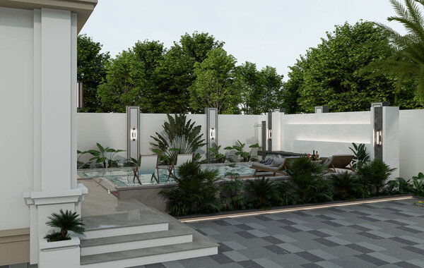 Современный внешний вид дома с бассейном и парковочным местом.