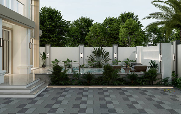 Современный внешний вид дома с бассейном и парковочным местом.