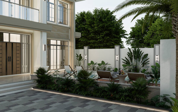 Современный внешний вид дома с бассейном и парковочным местом.